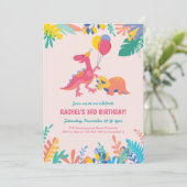 Girls Dinosaur Party Birthday Invitation - Roze Kaart (Staand voorkant)