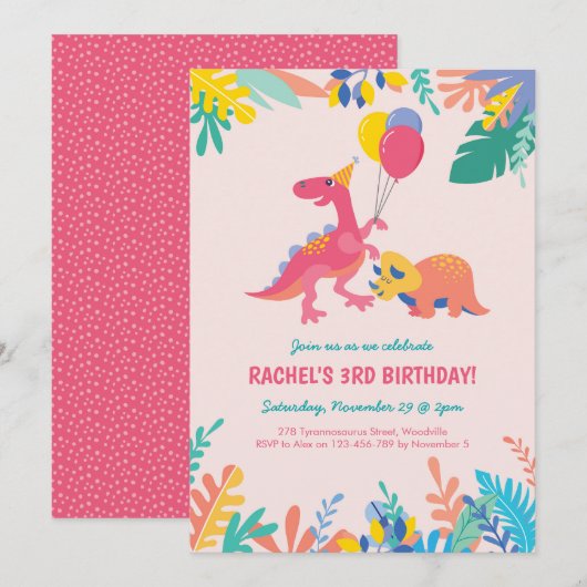 Girls Dinosaur Party Birthday Invitation - Roze Kaart (Voorkant / Achterkant)