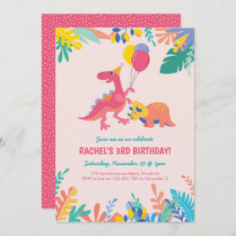 Girls Dinosaur Party Birthday Invitation - Roze Kaart