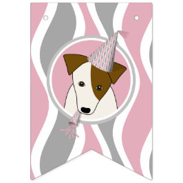Girl's Dog Theme Verjaardag Roze Grijze Wavy Strep Vlaggetjes