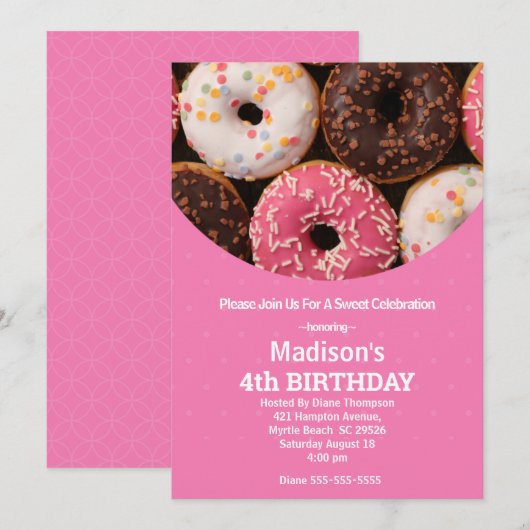 Girls Donut Birthday Party Any Age Invitation Kaart (Voorkant / Achterkant)