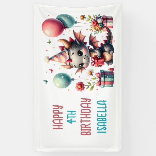 Girl's Dragon thema verjaardagsfeestje Spandoek (Verticaal)