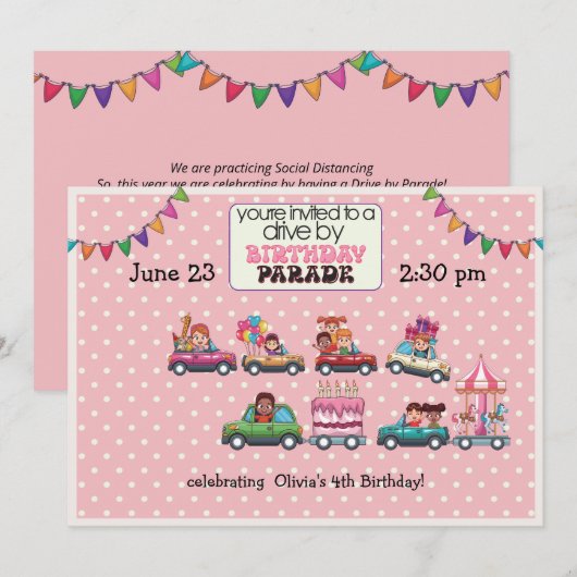 Girl's drive by Birthday Parade Invitation Kaart (Voorkant / Achterkant)