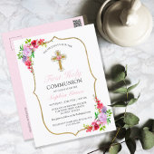Girls Elegant Pink Floral First Heilige Communie Briefkaart