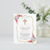 Girls Elegant Pink Floral First Heilige Communie Briefkaart (Staand voorkant)