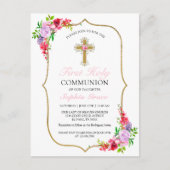 Girls Elegant Pink Floral First Heilige Communie Briefkaart (Voorkant)