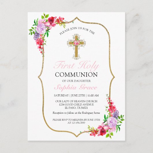 Girls Elegant Pink Floral First Heilige Communie Briefkaart (Voorkant)