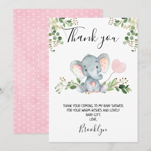 Girl's Elephant Baby shower bedankkaart Kaart (Voorkant / Achterkant)