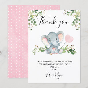 Girl's Elephant Baby shower bedankkaart Kaart
