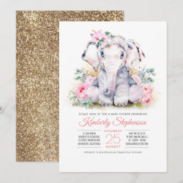 Girls Elephant Floral Baby shower Invitation Kaart
