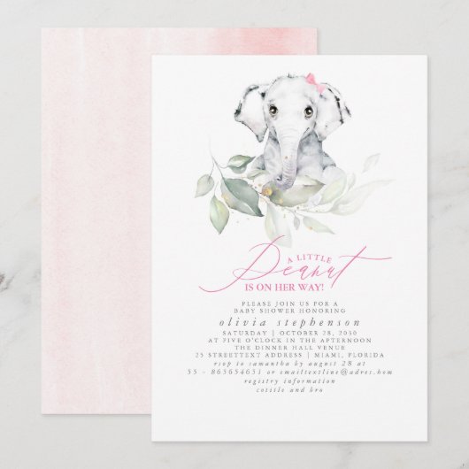 Girl's Elephant Waterverf Greenery Baby shower Kaart (Voorkant / Achterkant)