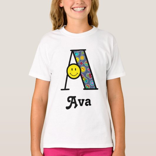 Girls Emoji Birthday Party Shirt Initiaal A (Voorkant)