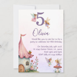 Girls Fairy 5th Birthday Party Invitation Kaart