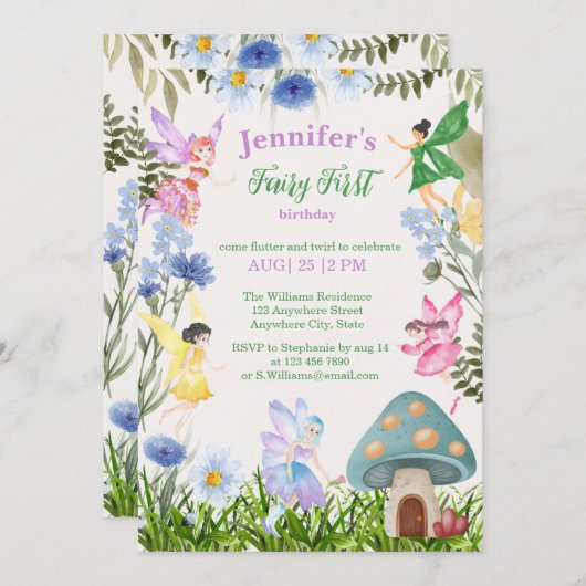 Girl's Fairy Eerste Verjaardag Feeën en bloemen Kaart (Voorkant / Achterkant)