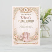 Girl's First 1st Rodeo Pink Bow Birthday Kaart (Staand voorkant)