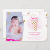 Girls First Birthday Pink Gold Sparkly Invitation Kaart (Voorkant / Achterkant)
