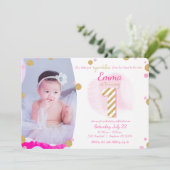 Girls First Birthday Pink Gold Sparkly Invitation Kaart (Staand voorkant)