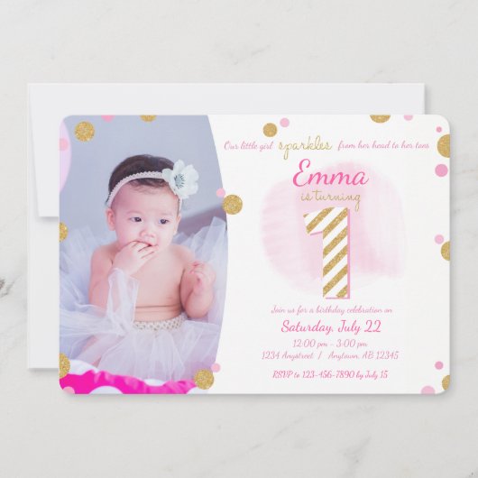 Girls First Birthday Pink Gold Sparkly Invitation Kaart (Voorkant)