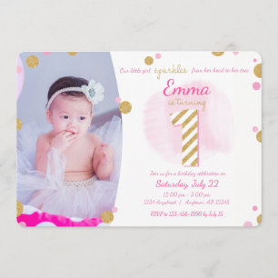 Girls First Birthday Pink Gold Sparkly Invitation Kaart