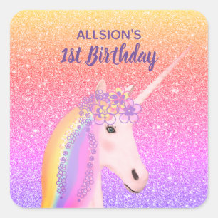 Girls First Birthday Unicorn Rainbow Gepersonalise Vierkante Sticker
