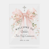 Girl's First Communion Floral Pink Bow Acryl Bord (Voorkant)