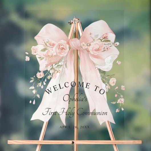 Girl's First Communion Floral Pink Bow Acryl Bord (Neutraal)