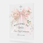 Girl's First Communion Floral Pink Bow Acryl Bord (Hoek)