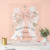 Girl's First Communion Floral Pink Bow Acryl Bord (Huwelijk)