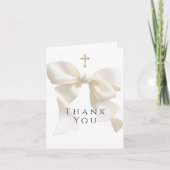 Girl's First Communion Neutral Ivory Bow Thank You Bedankkaart (Voorkant)