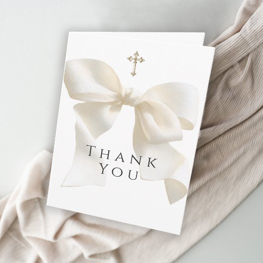 Girl's First Communion Neutral Ivory Bow Thank You Bedankkaart