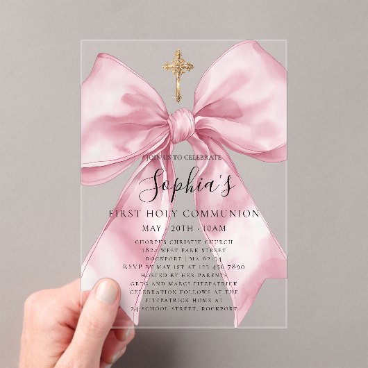 Girl's First Communion Pink Bow Acrylic Invitation Acryl Uitnodigingen (Insitu (Draagbaar))