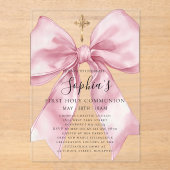 Girl's First Communion Pink Bow Acrylic Invitation Acryl Uitnodigingen (Voorkant)