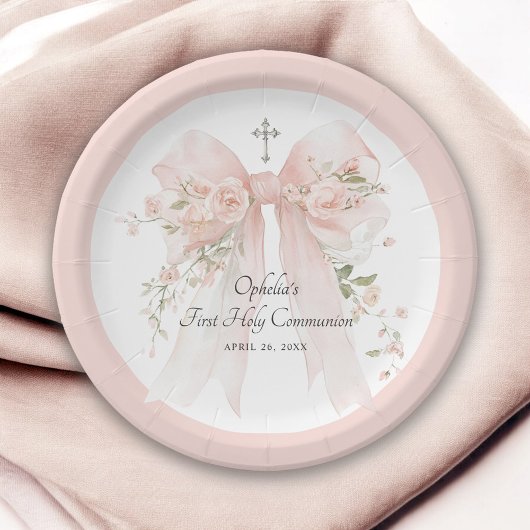 Girl's First Communion Pink Bow Floral Papieren Bordje
