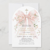 Girl's First Communion Pink Floral Bow Arched Kaart (Voorkant)