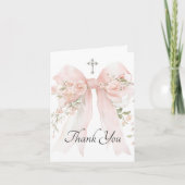 Girl's First Communion Pink Floral Bow Bedankkaart (Voorkant)