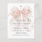 Girl's First Communion Pink Floral Bow Briefkaart (Voorkant)