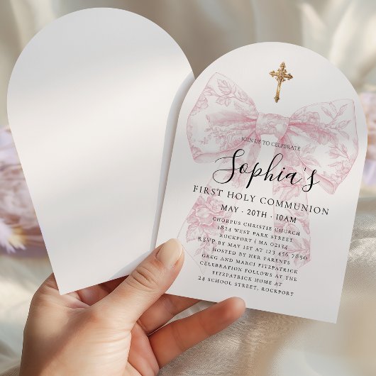 Girl's First Communion Pink Toile Bow Cross Arch Kaart