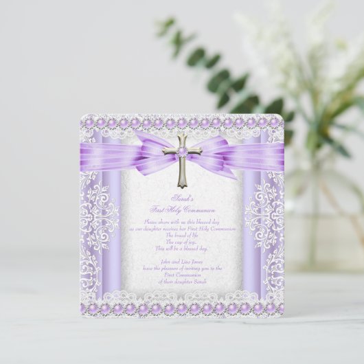 Girls First Heilige Commune Cross  Lavender 3 Kaart (Staand voorkant)