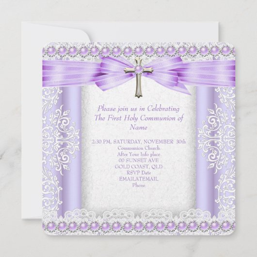 Girls First Heilige Commune Cross  Lavender 3 Kaart (Achterkant)