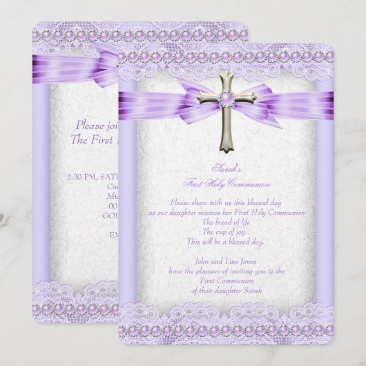 Girls First Heilige Commune Cross  Lavender Kaart (Voorkant / Achterkant)