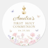 Girl's First Holy Communion Pastel Floral Ronde Sticker (Voorkant)