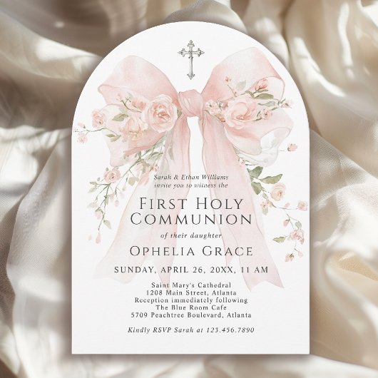 Girl's First Holy Communion Pink Floral Bow Arched Kaart