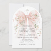 Girl's First Holy Communion Pink Floral Bow Arched Kaart (Voorkant)