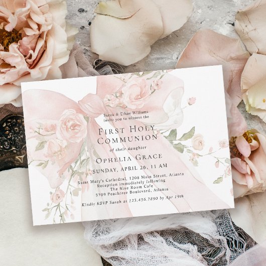 Girl's First Holy Communion Pink Floral Bow Kaart