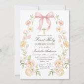 Girl's First Holy Communion Pink Floral Bow Kaart (Voorkant)