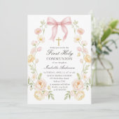 Girl's First Holy Communion Pink Floral Bow Kaart (Staand voorkant)