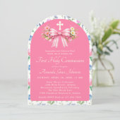 Girl's First Holy Communion Pink Wildflower Bow Kaart (Staand voorkant)