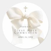 Girl's First Holy Communion Stylish Ivory Bow Ronde Sticker (Voorkant)