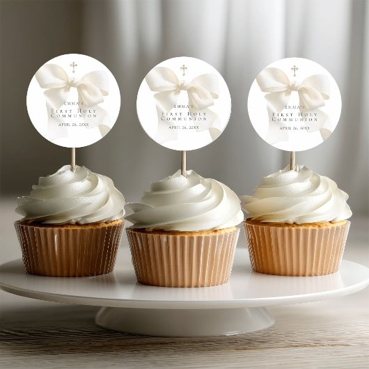 Girl's First Holy Communion Stylish Ivory Bow Ronde Sticker