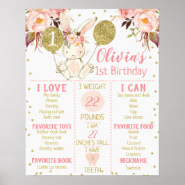 Girls Floral Bunny 1st Birthday Milestone Poster
